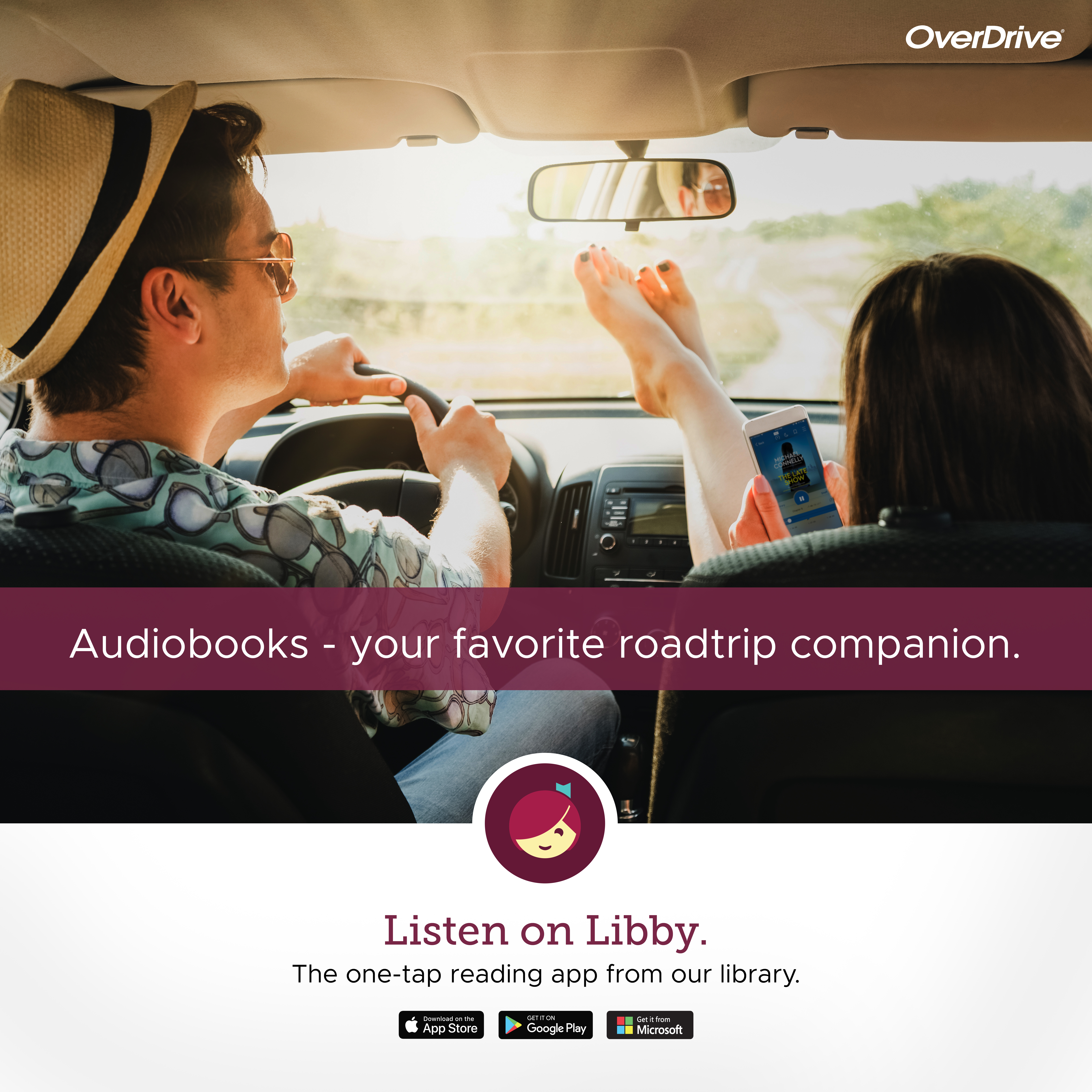 image with people driving holding up a phone with audiobook playing and text 